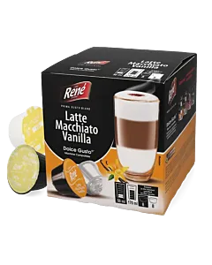 Caf&eacute; Ren&eacute; Vanilla Latte Macchiato Packung und Kapsel f&uuml;r Dolce Gusto
