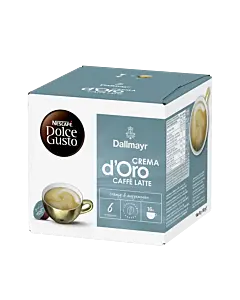 Dallmayr Crema d'Oro Caff&egrave; Latte package and capsule for Dolce Gusto