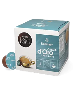 Dallmayr Crema d'Oro Caff&egrave; Latte package and capsule for Dolce Gusto