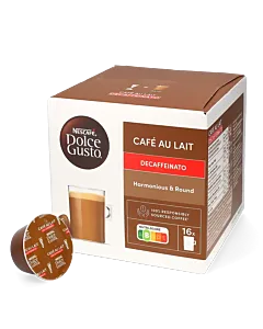 Nescaf&eacute; Caf&eacute; au Lait Decaf package and capsule for Dolce Gusto